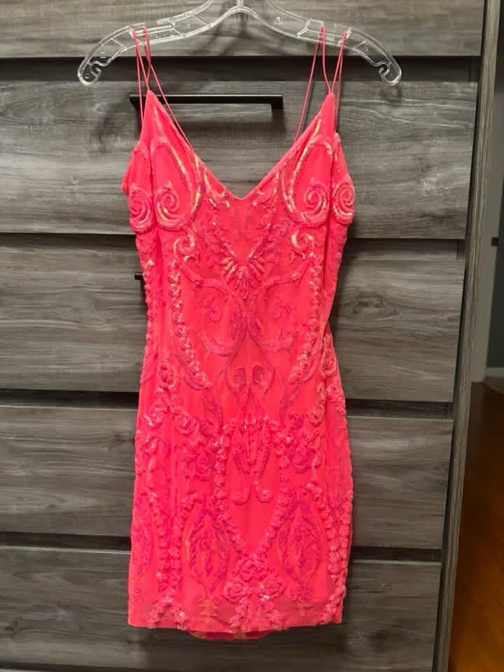 B Darlin Hot Pink Beaded V-Neck Mini Dress